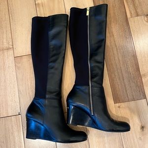 Michael Kors black wedge with gold zipper leather boots